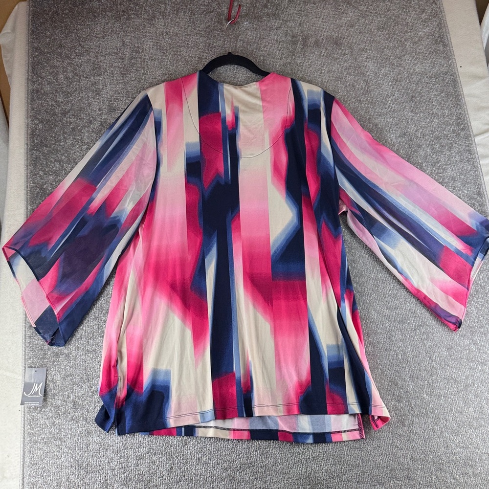 NWT JM Collection 3/4 Long Flutter Bell Sleeve Pink Blue Shirt Blouse Womens L - Picture 9 of 10